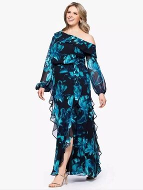 NWT XSCAPE Plus Size Printed Asymmetrical Long Sleeve Maxi Dress Size 18W 18